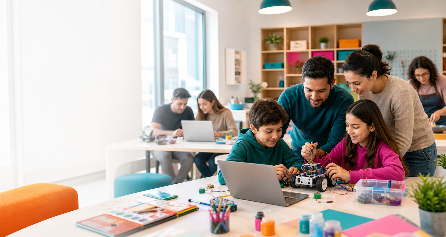 Niños y adultos aprendiendo robótica, arte e innovación en un aula moderna